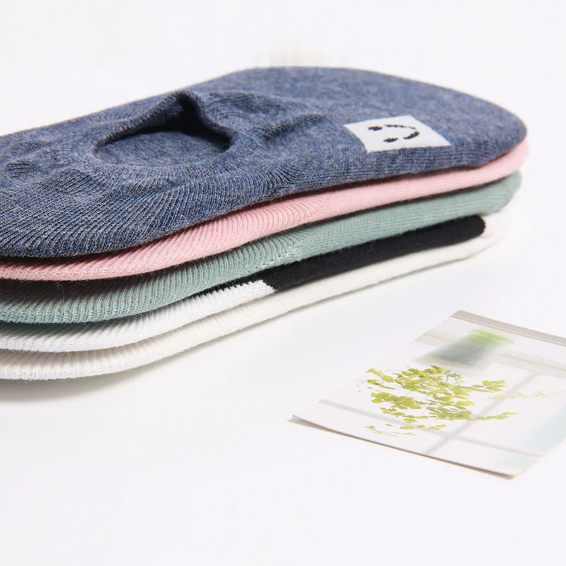 Летние Для женщин Невидимые носки-лодочки Хлопок смайлик для девочек Однотонные