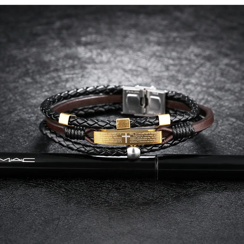 

Hot Sales Bracelets For Men Jewelry Three-Layer Weave PU Leather Mens Bracelet Charm Man Lection Cross Bracelets Bangles