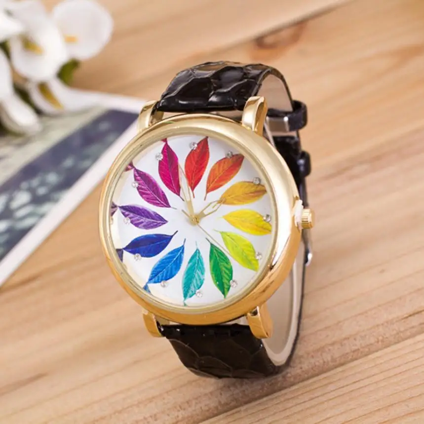 

Fashion Brand Women Watch relogio feminino Leaves Pattern Leather Dress Watches Lady Causal Quartz WristWatches montre femme #C