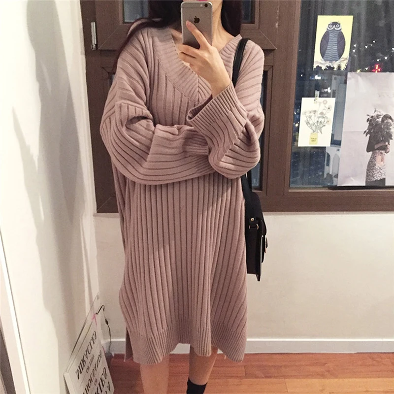 Winter new long sleeved women thicken solid color v collar open fork leisure loose knitted sweater for girls | Женская одежда
