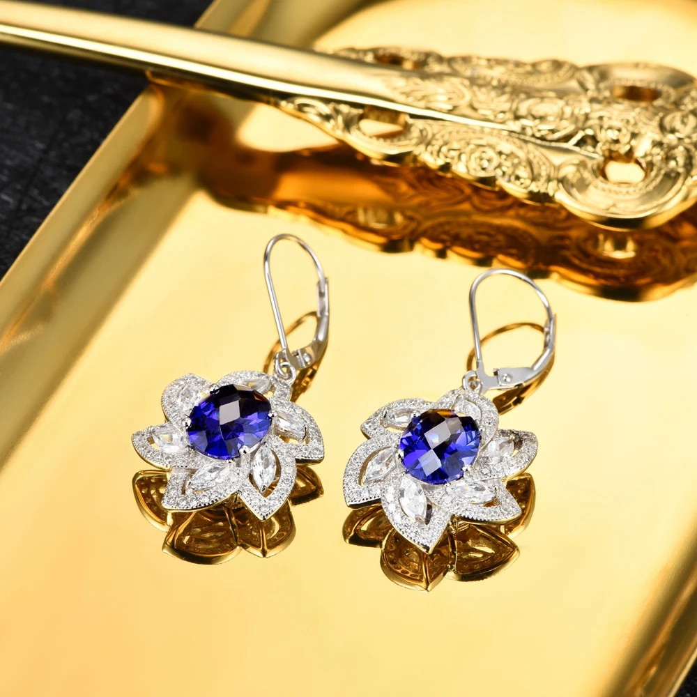 Lanzuan 100% Серебряные серьги-гвоздики из стерлингового серебра 925 пробы 5.84ct Голубой Камень Шахматная Доска Роскошный Цветок Для Женщин Рождественский Подарок.