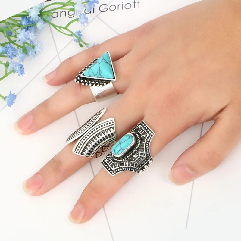 

2020 New Design 3 PCS Vintage Punk Ring Set Triangle Red Black Stone Statement Rings For WomenMen Finger Ring Sets Best Sell