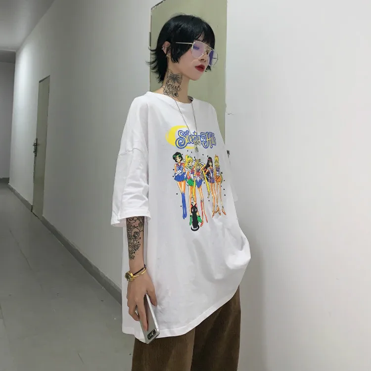 Летняя женская Свободная футболка Harajuku с рисунком Сейлор Мун, коротким рукавом и круглым вырезом, милые повседневные футболки, топы для женщин