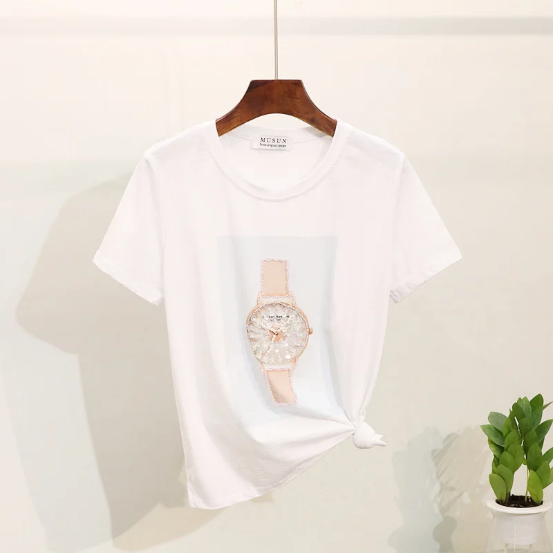 Модные женские футболки 2019 летние Харадзюку с бусинами и блестками часы принтом