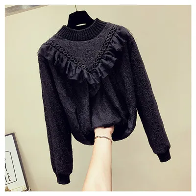 black no fleece MUMUZI, женская зимняя теплая кружевная блузка, длинный рукав, кружево, вязание крючком, открытая блузка, блузка с оборками, весенние блузки на флисе с длинным рукавом - Цвет: black no fleece