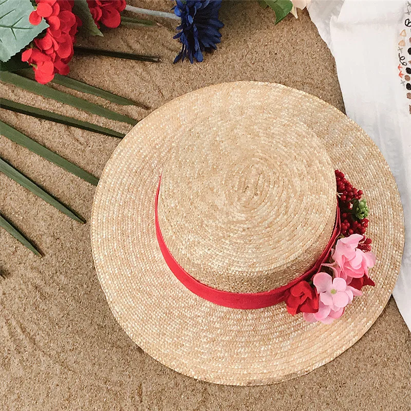Шляпа от солнца с красными цветами Женская модная пляжная Панама Соломенная