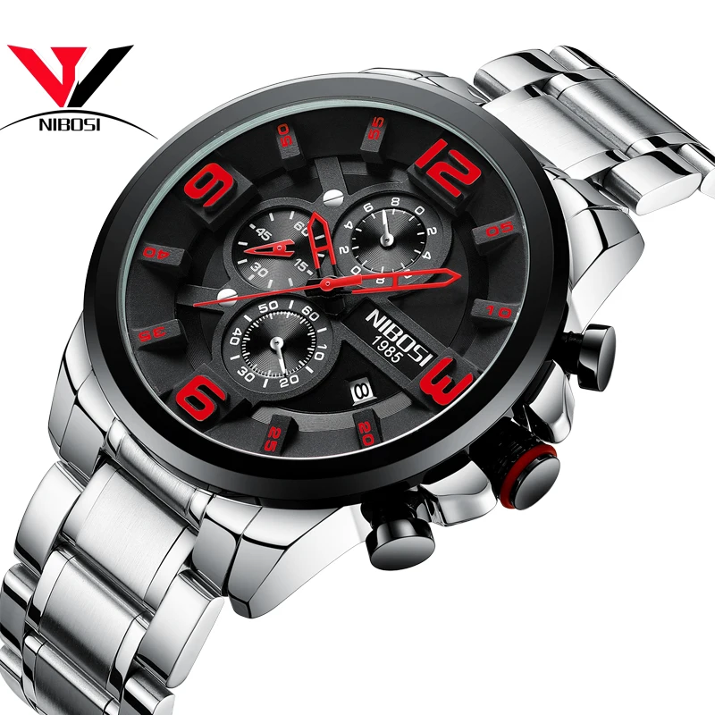 Мужские наручные часы NIBOSI спортивные водонепроницаемые кварцевые с большим