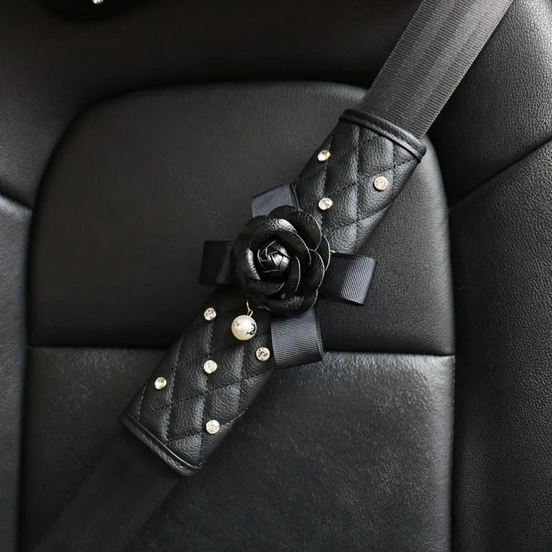 seat belt cover 1pcs Черный жемчуг, цветок камелии, автомобильные аксессуары, хрустальные стразы, украшение интерьера, кожаный чехол на руль, чехлы на ремень безопасности - Название цвета: seat belt cover 1pcs
