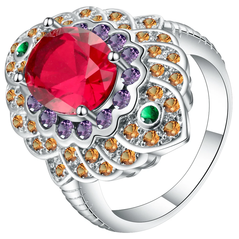 

New Luxury Vintage Rings Jewelry Big Flower Wedding Party For Women silver Color red Crystal 2018 New Fashion Accessories Rings