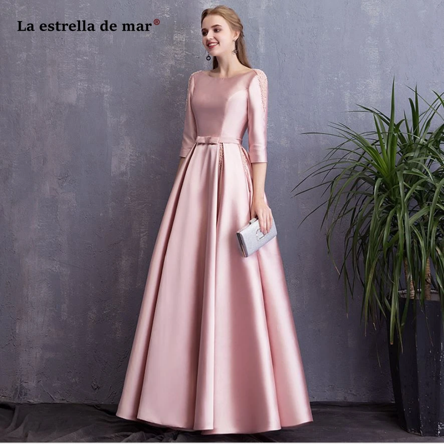 Vestido madrinha longo2019 атласный жемчужный рукав три четверти ТРАПЕЦИЕВИДНОЕ розовое платье подружки невесты ретро свадебное платье abiti dami