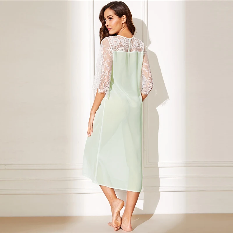 Dotfashion зеленый узел деталь Полу Sheer кружево хомут Ночное платье для женщин Весенняя новинка Повседневное пижамы летние женские Loungewear
