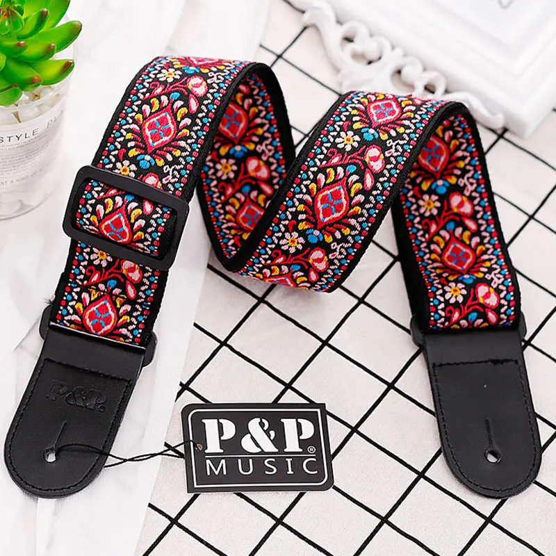 P& P хлопок Национальный Ветер гитара с вышивкой ремень для акустической бас электрогитары Кожа Голова регулируемые ремни аксессуары - Цвет: 113-F