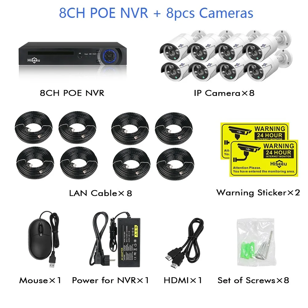 8pcs cameras H.265 8CH 4MP POE камера безопасности CCTV система POE NVR Открытый водонепроницаемый комплект видеонаблюдения Hiseeu - Цвет: 8pcs cameras