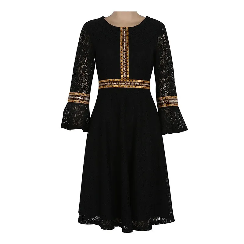 Винтажное весеннее кружевное платье с круглым вырезом и рукавом 3/4 Vestidos de Renda, Повседневные Вечерние Платья До Колена, коктейльные платья vestidos mujer - Цвет: Черный