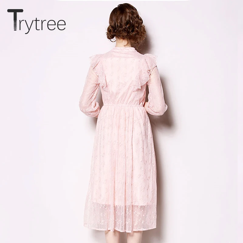 Trytree/весенне-летнее платье элегантное кружевное женское розовое с бантом и
