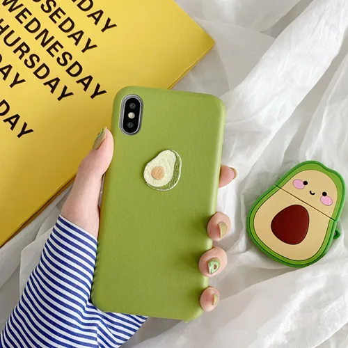 Avocado green Летний чехол с вышитыми фруктами авокадо для iphone 7, 8, 6, 6s plus, x, xs, xr, xsmax, банан, скраб, мягкий кожаный чехол для iphone, чехол - Цвет: Avocado green
