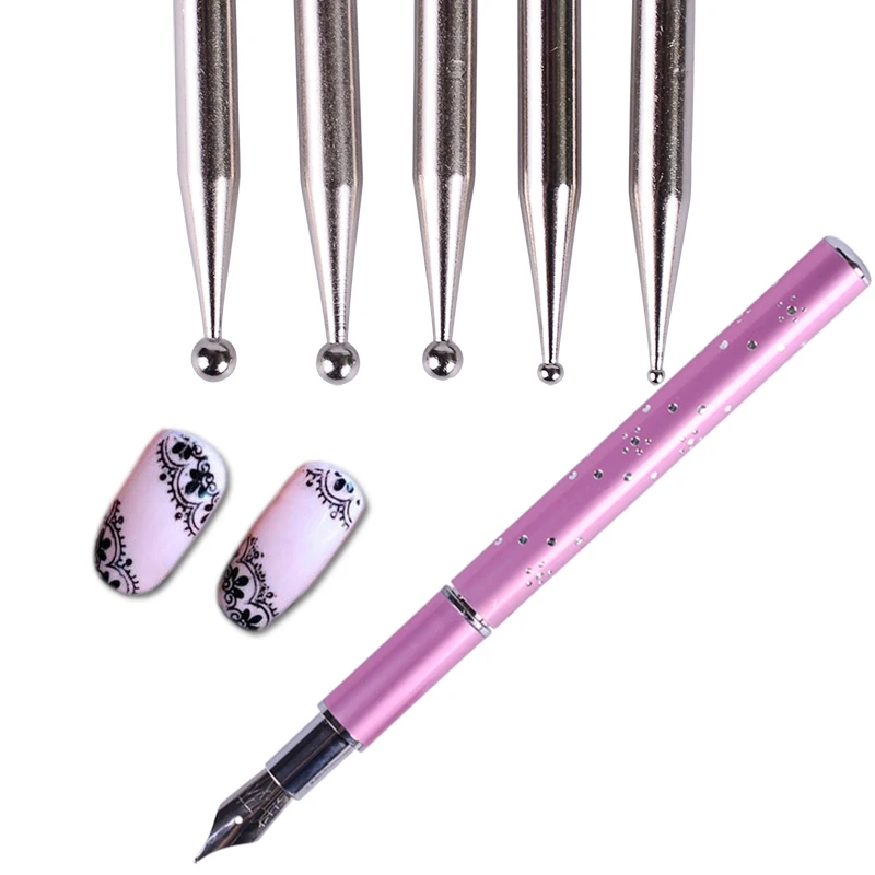 6pcs Nail Art Dotting Pen Rhinestone Diamond Pink Handle Liner DIY 3D Painting Drawing Steel Dot Manicure Salon Tools JID002|nail art pen