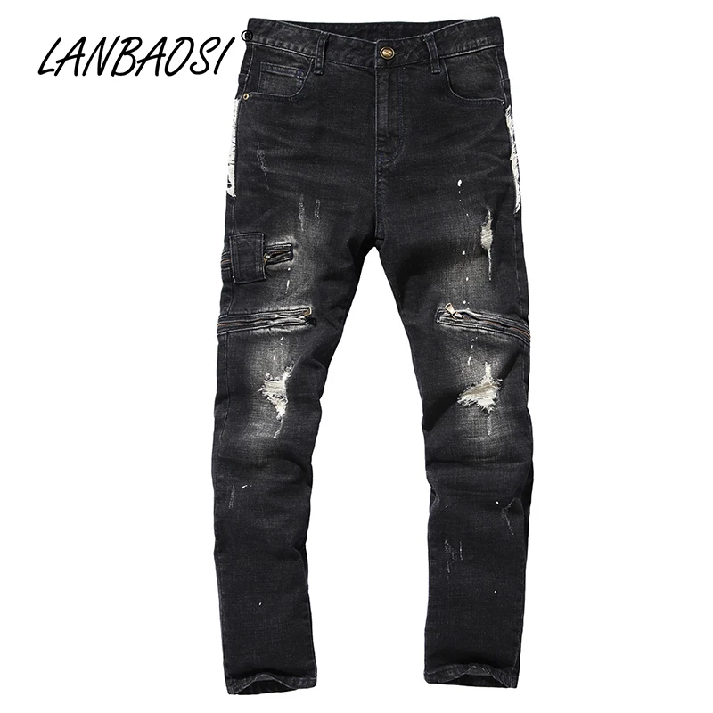 Джинсы LANBAOSI мужские рваные джинсы повседневные черные джинсовые брюки для