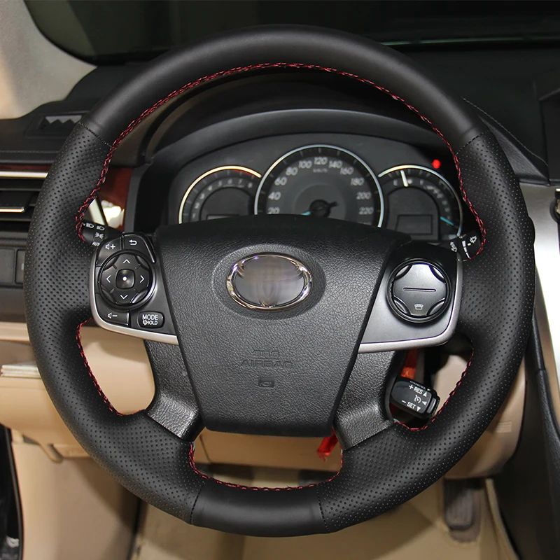 

BANNIS Black Artificial Leather DIY Hand-stitched Steering Wheel Cover for Toyota Camry 2012-2015