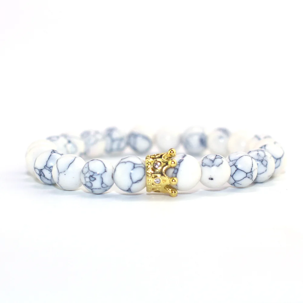 Браслет мужской ручной работы с бусинами 8 мм микро инкрустация Корона из