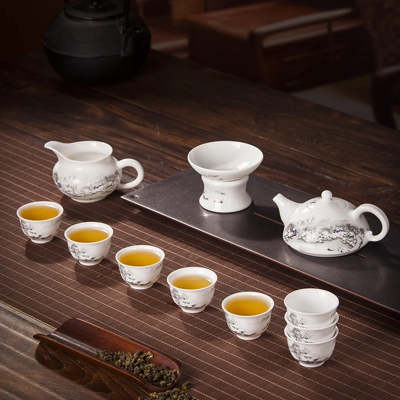 11 шт./лот Jingdezhen набор для чая Снежная сцена узор керамический фарфоровый чайный сервиз, кружка для вина/8 чайная чашка+ 1 чашка+ 1 фильтр+ 1 чайник