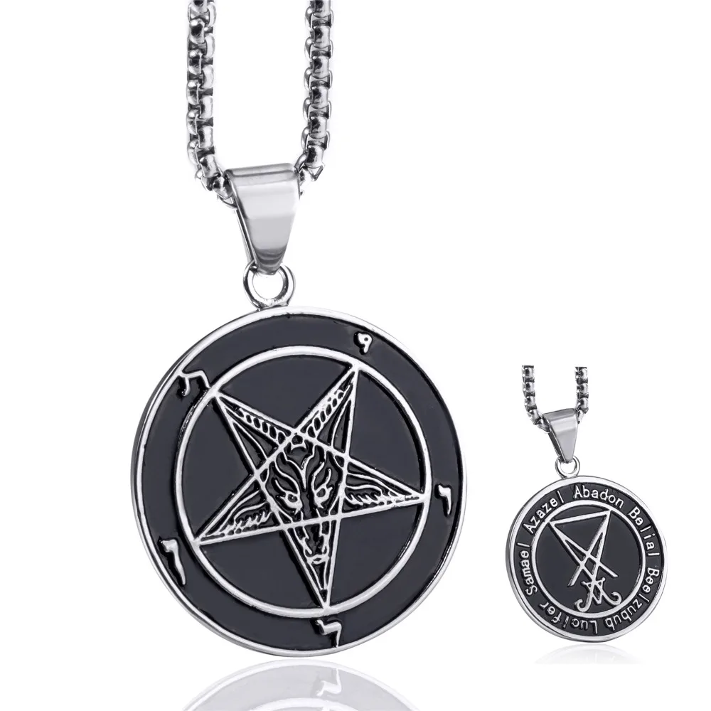Для мужчин Нержавеющая сталь кулон ожерелье печатка сатаны sigil of Lucifer обе стороны Бафомет Коза дьявол с изображением перевернутой пентаграммы цепи