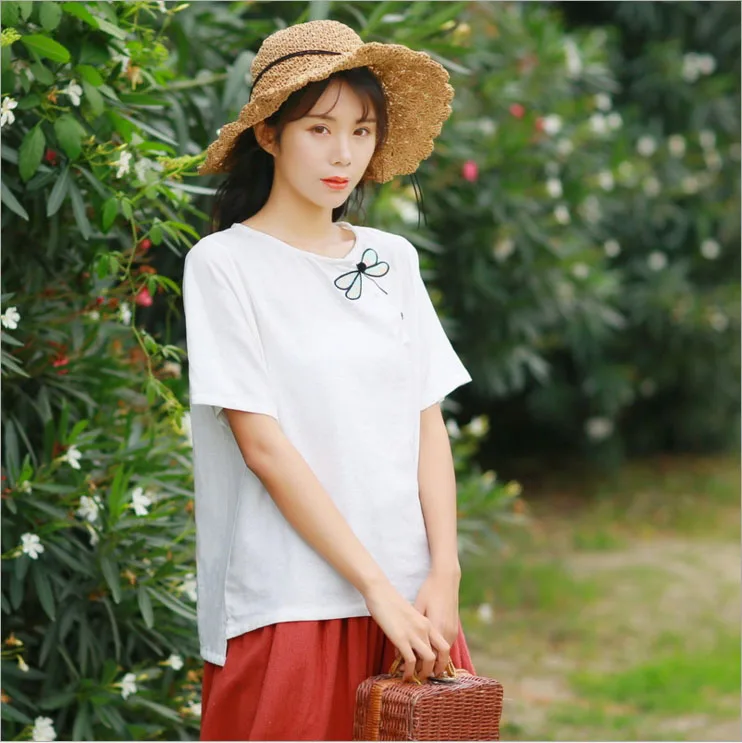 2018 летняя новая свободная рубашка из хлопка и льна с круглым вырезом вышивкой| |