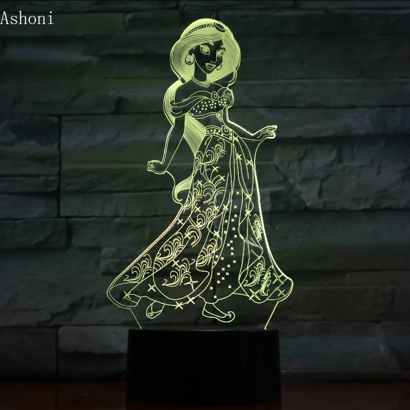 Мультяшный 3d ночник принцессы жасмин Светодиодная лампа для девушек Декор