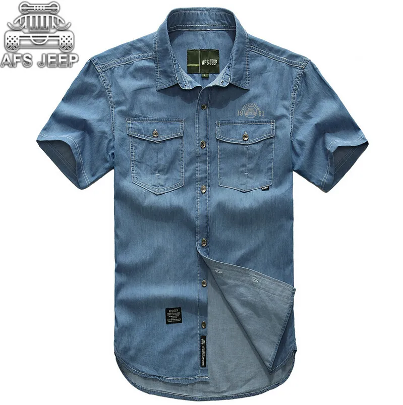 Бренд AFS Jeep, мужские рубашки, 3XL, плюс размер, джинсы, повседневные,, короткий рукав, хлопок, свободные, мужские рубашки, Летний стиль