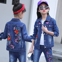 2018 new china version of childrens streetwear spring and autumn girls denim body suit two piece cowboy leisure flower bird