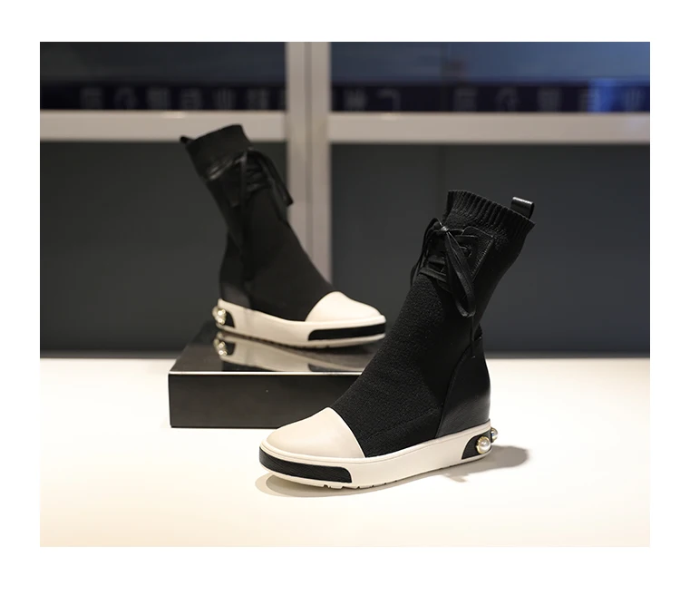 Koop Zapatos De Mujer 2018 Schoenen Vrouw Leather Lace-Up Sok Ankel Laarzen Kristal Zool Hoogte Toenemende Laarzen Vrouw Botas Mujer