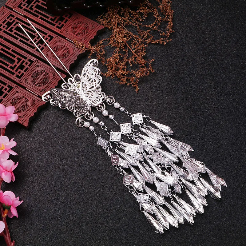 U hairpin one Костюм Hanfu головной убор ретро аксессуары для волос длинный Многослойный небольшой свежий бахрома ювелирные изделия имитация Мяо серебряная вставка гребень - Цвет: U hairpin one