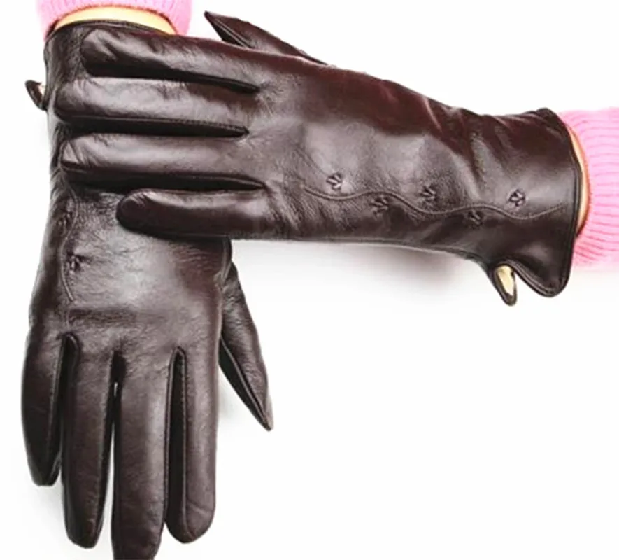 

Leather Gloves Women's Fashion Chain Flower Style Multiple Colors Fleece Lining Autumn Warmth Ms. Sheepskin Finger Gloves