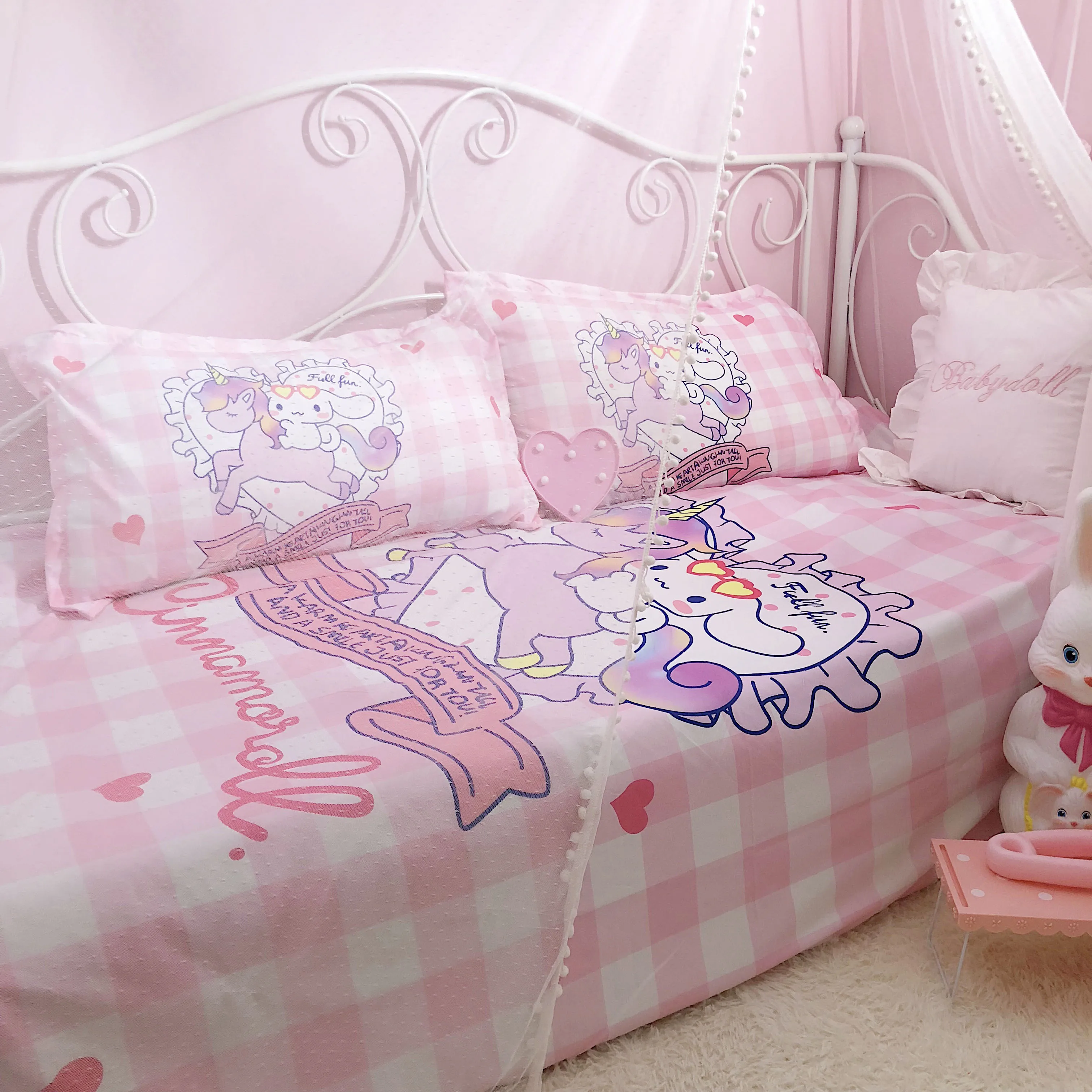 4 шт./компл. прекрасный с единорогом в стиле аниме Cinnamoroll хлопок Постельное белье с мультяшным рисунком постельное белье решетки пододеяльник, простынь, наволочки