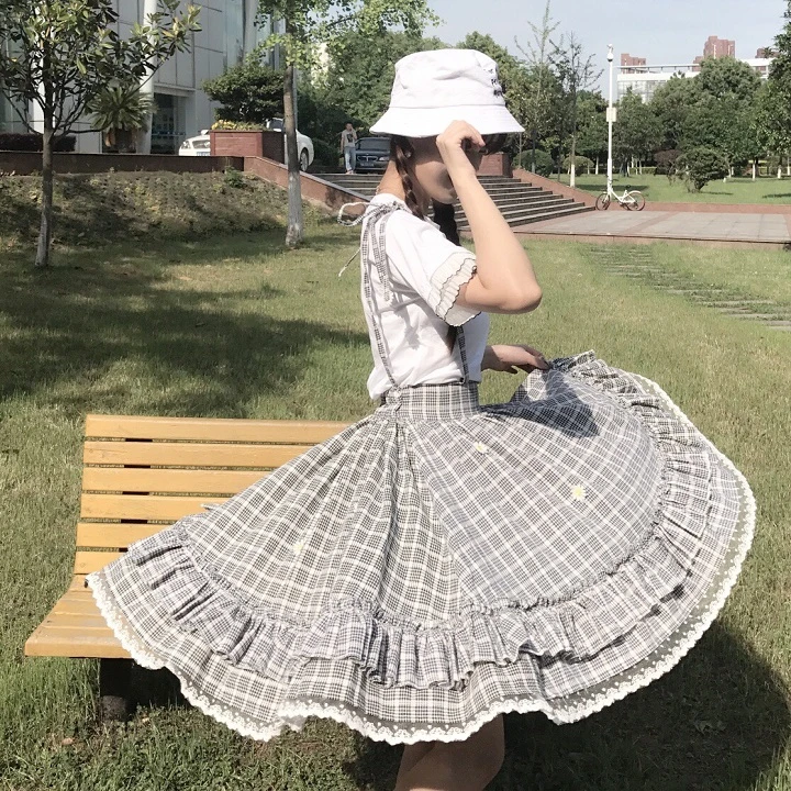 Японские мягкие юбки для сестер Kawaii, женская летняя юбка на подтяжках в стиле Лолиты с высокой талией, милая клетчатая кружевная юбка-пачка трапециевидной формы с оборками