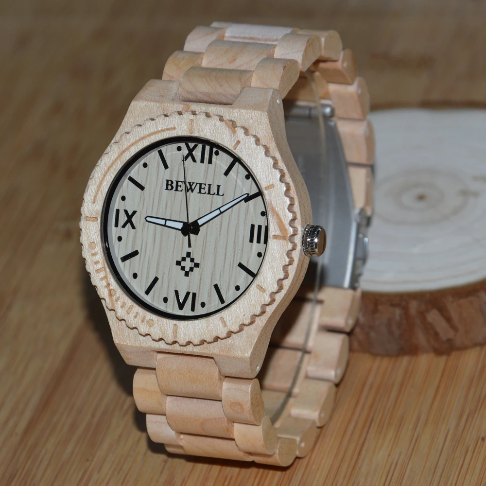 BEWELL деревянные Мужские кварцевые наручные часы с римскими цифрами светящиеся