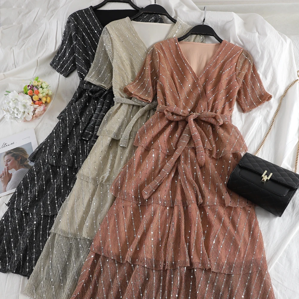 SKOONHEID летнее многослойное длинное платье с блестками для женщин модное