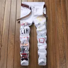 Мужские повседневные джинсы, белые облегающие брюки в стиле хип-хоп, с 3D-принтом букв, в стиле панк, 2020
