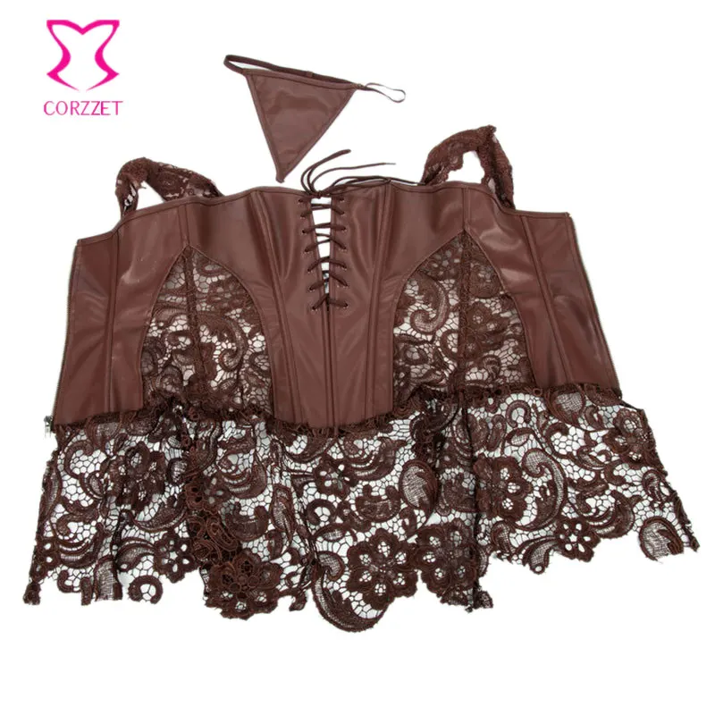 Коричневого цвета с вырезами кружево цветочным мотивом и кожаный корсет платье