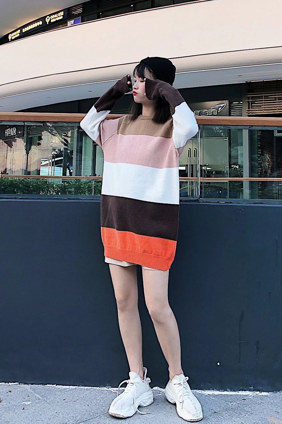 2019 new fashions for winter stylish women's wear Harbin white coloured striped net red lazy head knitted sweater | Женская одежда