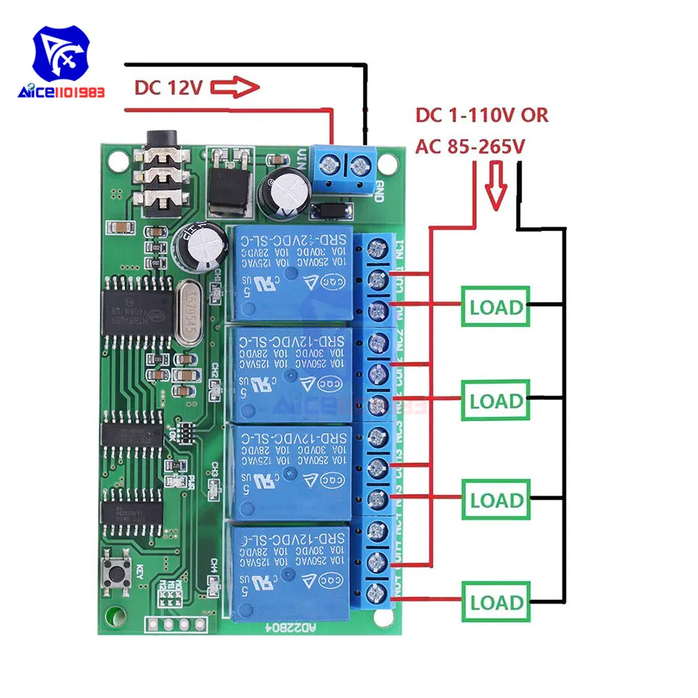 AD22B04 4-Канальный Релейный MT8870 DTMF тон декодер сигналов дистанционного Управление триггерный релейный модуль, работающего на постоянном токе 12 В для PLC умного дома с 3,5 мм кабель