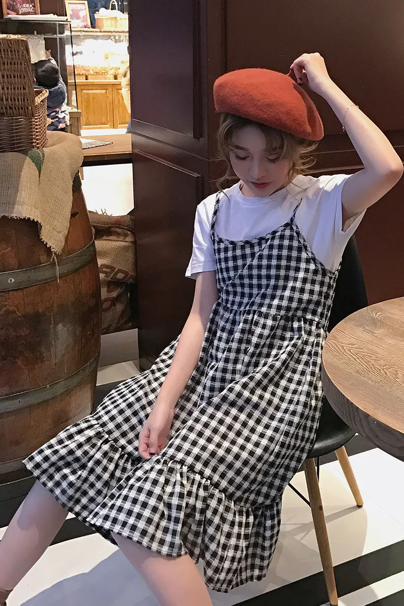 Summer Japanese Spaghetti Strap Plaid women Dress Soft Sister Sweet Small Lattice Fresh Student Sleeveless Camisole Female | Женская
