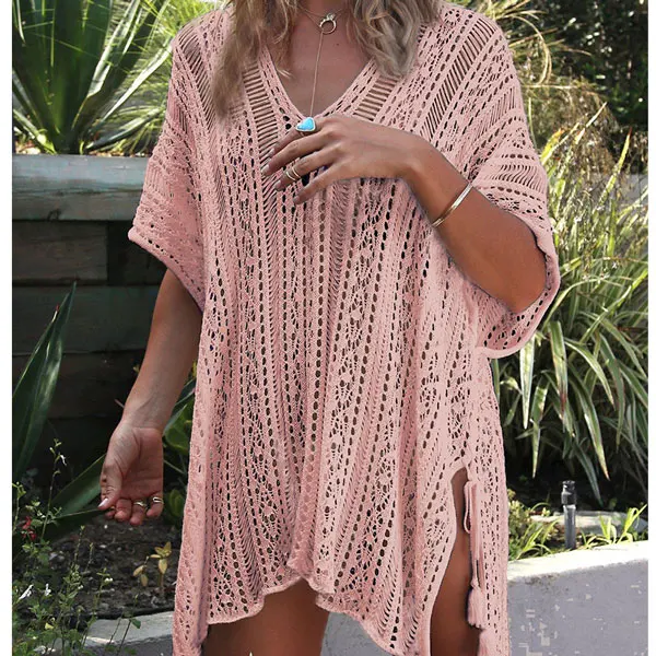 RXRXCOCO пляж прикрыть бикини Крючком Knitt одноцветное пляжная одежда купальник Cover Up Для женщин сексуальная прозрачная пляжное платье парео - Цвет: Pink