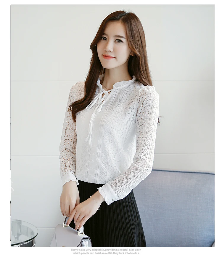 Женская кружевная блузка с длинным рукавом Повседневная однотонная милая v
