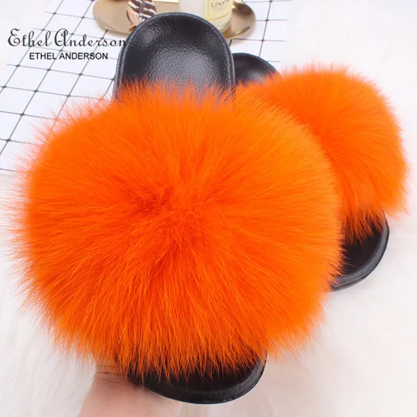 Orange Fox Fur Ethel Anderson/; шлепанцы с натуральным лисьим мехом; летние пляжные пушистые шлепанцы; Коллекция года; Вьетнамки с натуральным мехом енота; сандалии; обувь; - Цвет: Orange Fox Fur