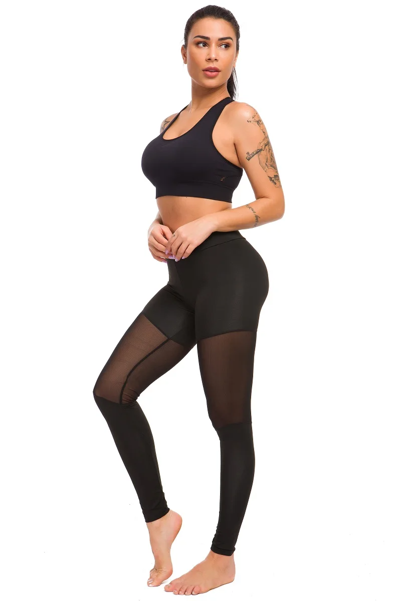 Сексуальные сетчатые строчки плотные штаны для йоги и стройные фитнес черные