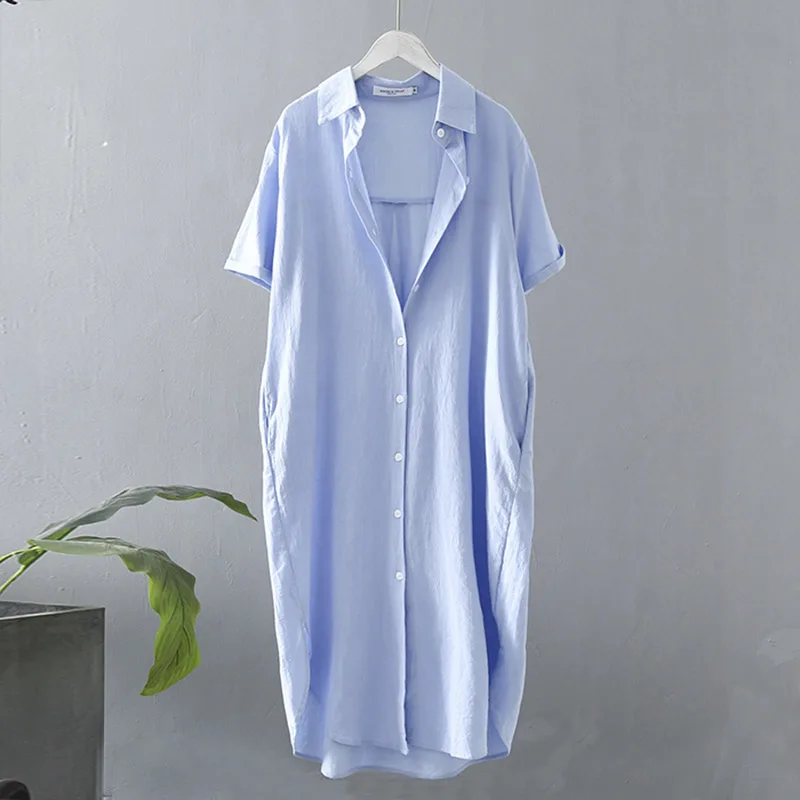 Женская хлопковая блузка с коротким рукавом Повседневная Длинная льняная