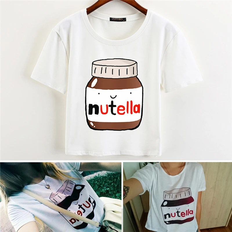 2018 Nutella принт белый кроп топы летние футболки с коротким рукавом в стиле