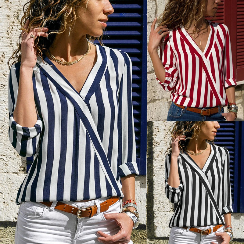 YYFS 2019 Chiffon Blouse Women Summer Elegant Striped V-Neck Blouse Shirt Loose Casual Tops Blusas Camisas Mujer Plus Size S-3XL