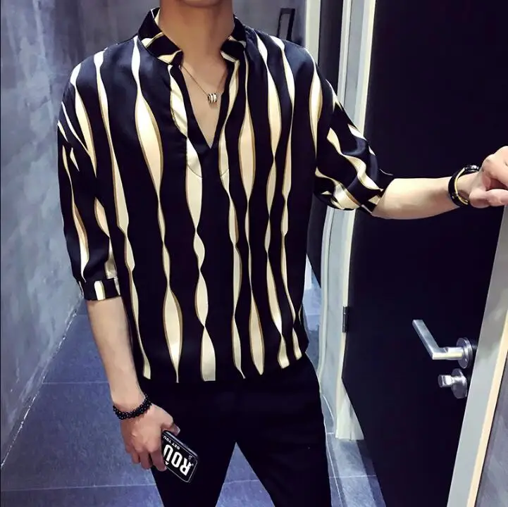 Sunwang мужские рубашки пуловер летние полосатые s Social Camisas Para Hombre v образный вырез